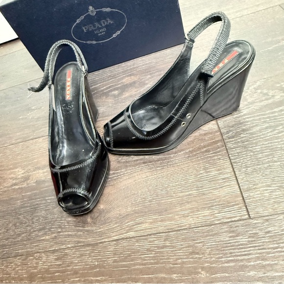 Prada Black Patent Leather Wedges - Picture 1 of 8